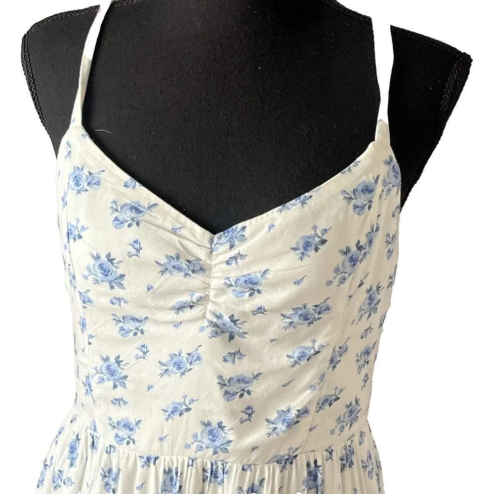 Blue Floral Babydoll Mini Dress Women's M Tiered Ditsy Cottagecore - Picture 5 of 9